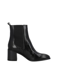 Botas de cuero negro hasta el tobillo con paneles laterales elásticos, punta redondeada y tacón cuadrado. Textura suave con un ligero brillo.