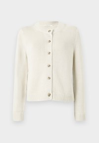 Strikket cardigan i krem med rund halsringning, lange ermer og seks knapplukking foran. Har ribbestrikkede mansjetter og kant.