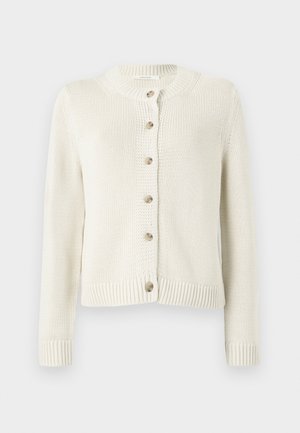 Strickjacke in Creme mit Rundhalsausschnitt, langen Ärmeln und einer sechs Knöpfe langen Vorderseite. Mit gerippten Bündchen und Saum.