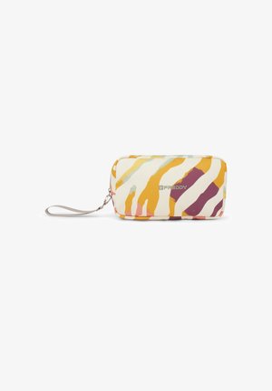 Pochette rettangolare multicolore realizzata in morbido tessuto; presenta motivi astratti ondulati in giallo, rosa e viola con una fascetta per il polso.