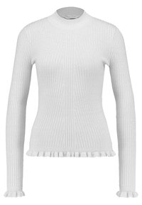 Valkoinen ribbineulottu villapaita pitkillä hihoilla, korkealla kaulaosalla ja röyhelöreunuksella. Sileä pinta, jossa pystysuorat linjat kauttaaltaan.