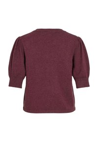 Pull en tricot bordeaux avec des manches courtes bouffantes, un col rond et une texture lisse. Comprend des poignets et un ourlet côtelés, vue arrière montrée.