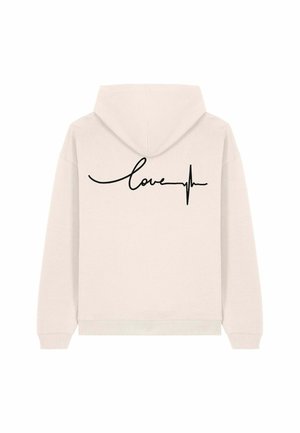 Lichtbeige hoodie met een pullover ontwerp. Zwarte cursieve tekst "love" met een EKG-lijn accent loopt horizontaal over de achterkant.