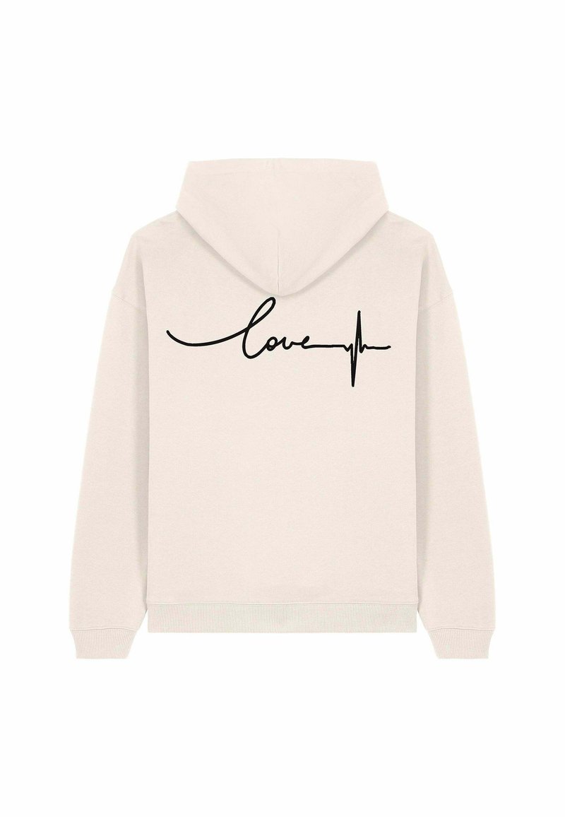 Felpa leggera beige con design a pullover. Testo in corsivo nero "love" con una linea EKG che lo accentua, disposto orizzontalmente sulla schiena.