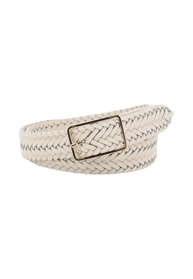 Woven cream-colored leather belt with a rectangular golden buckle and subtle braided pattern, featuring contrasting stitching along the edges.