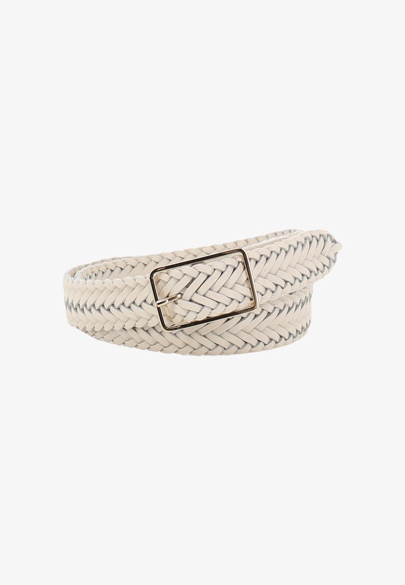 Woven cream-colored leather belt with a rectangular golden buckle and subtle braided pattern, featuring contrasting stitching along the edges.