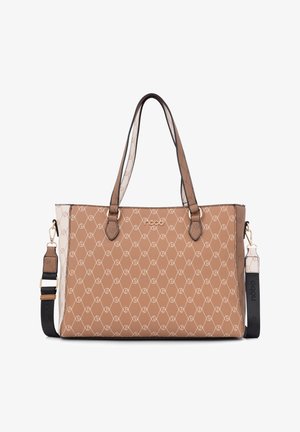 Bruine patroon tote tas met dubbele handvatten en afneembare zwarte schouderriem, met een subtiel herhalend logo ontwerp en gouden merkembleem.