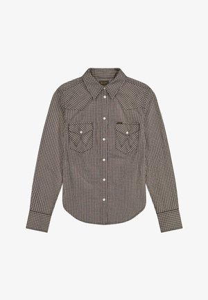 Košeľa s dlhým rukávom na gombíky s károvaným vzorom, špicatým golierom, dvoma prednými vreckami na gombíky na prsiach a zaobleným lemom.