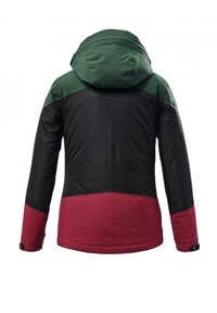 Veste à capuche avec épaules et capuche vertes, dos supérieur et manches noirs, et bas du dos et poignets rouge foncé, vue de dos.