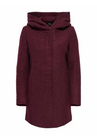 Manteau à capuche bordeaux en tissu texturé et doux, fermeture à bouton sur le devant, manches longues, avec une coupe décontractée et sans motifs visibles.
