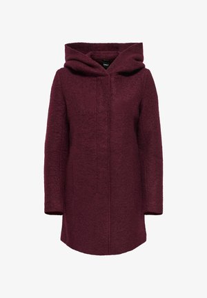 Bordo spalvos sukapota striukė su tekstūruotu, minkštu audiniu, priekiniais saga užsegimais ir ilgomis rankovėmis, pasižyminti laisvu kirpimu ir be matomų raštų.