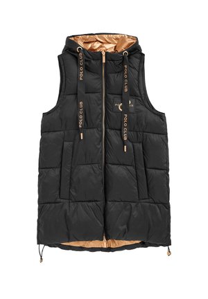 Black sleeveless puffer vest with hood, front zipper, two pockets, and "Polo Club" text on drawstrings and chest patch, with gold interior lining.