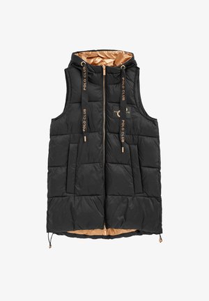 Czarna pikowana kamizelka bez rękawów z kapturem, przednim suwakiem, dwiema kieszeniami oraz napisem "Polo Club" na ściągaczach i naszywce na piersi, z złotym wykończeniem wnętrza.