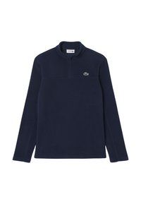 Pullover in pile della Marina con collo a zip, caratterizzato da un piccolo logo verde sul petto, maniche lunghe e una superficie liscia in tutta la sua estensione.