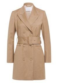 Dwurzędowa beżowa krótka marynarka ze strukturalnej tkaniny; posiada szerokie klapy, pasek w talii oraz dwie przednie kieszenie.