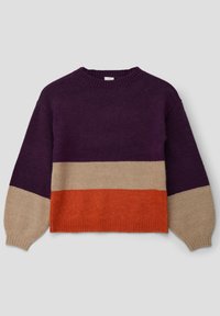 Pull en tricot violet avec de larges rayures horizontales beige et orange. Doté d'un col rond et de poignets et ourlet côtelés. Texture douce.