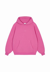 Felpa rosa oversize realizzata in materiale morbido, con tasca frontale, polsini a coste e cappuccio con cordino, caratterizzata da dettagli di design minimalisti.