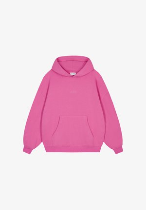 Felpa rosa oversize realizzata in materiale morbido, con tasca frontale, polsini a coste e cappuccio con cordino, caratterizzata da dettagli di design minimalisti.