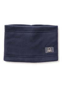 Chauffe-nuque en polaire bleu marine avec une texture lisse, présentant un logo cousu et des bords surpiqués le long des bords supérieur et inférieur.