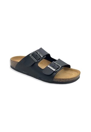 Sandal in nero con due cinturini e fibbie in metallo argentato, suola intermedia in sughero e suola esterna in gomma texturizzata. Design piatto adatto per un utilizzo casual.
