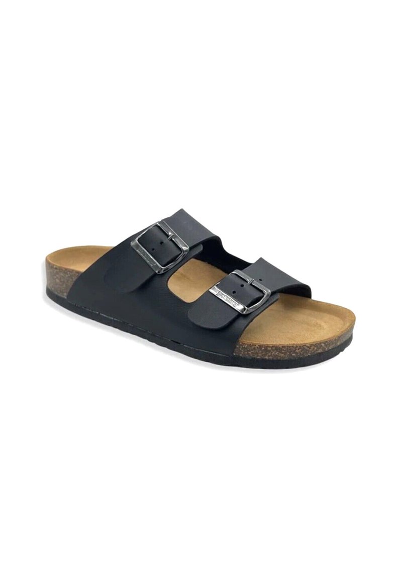 Sandal in nero con due cinturini e fibbie in metallo argentato, suola intermedia in sughero e suola esterna in gomma texturizzata. Design piatto adatto per un utilizzo casual.