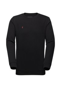 Zwarte sweatshirt van een katoen-poliester mix, met lange mouwen, een ronde halslijn en een klein gekleurd logo op de borst.