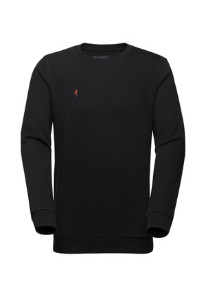 Zwarte sweatshirt van een katoen-poliester mix, met lange mouwen, een ronde halslijn en een klein gekleurd logo op de borst.