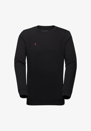 Sweatshirt noir en mélange de coton et de polyester, avec des manches longues, un col rond, et un petit logo coloré sur la poitrine.