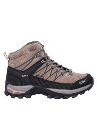 Wasserdichte Wanderschuhe aus hellbraunem Wildleder mit schwarz-rosa Akzenten. Verfügt über einen gepolsterten Kragen, verstärkten Zeh und eine strukturierte Sohle für besseren Grip.