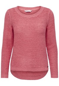 Różowy sweter z dzianiny z okrągłym dekoltem, długimi rękawami i dłuższym tylnym dołem. Posiada teksturowany materiał oraz subtelną metkę z logo.