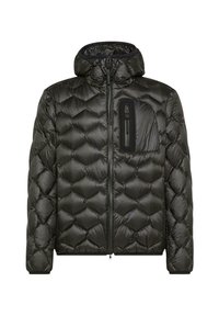 Czarna kurtka puchowa z kapturem, wyposażona w kieszeń na piersi zapinaną na zamek, pikowany wzór i elastyczne mankiety. Wykonana z lekkiego, błyszczącego materiału.