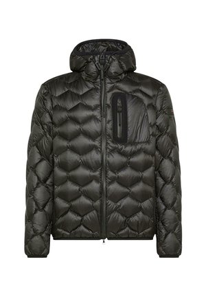 Giacca a vento nera con cappuccio, con tasca sul petto con zip, design trapuntato e polsini elasticizzati. Realizzata in materiale leggero e lucido.