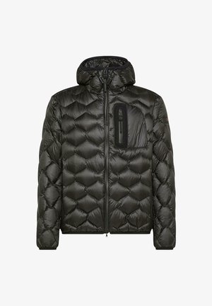 Černá prošívaná bunda s kapucí, vybavená zipovanou kapsou na prsou, prošívaným vzorem a elastickými manžetami. Vyrobena z lehkého, lesklého materiálu.