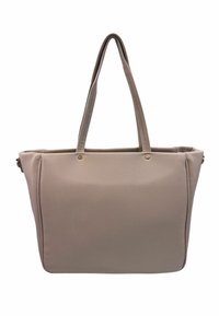 Borsa a tote color taupe realizzata in ecopelle texturizzata, con due lunghe maniglie, un ampio interno e dettagli metallici sulla parte frontale.