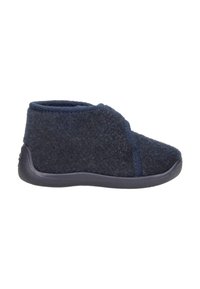 Navy blue felt slippers with a soft texture, curved top, and rubber sole, featuring a crisscross design on the front for secure fit.