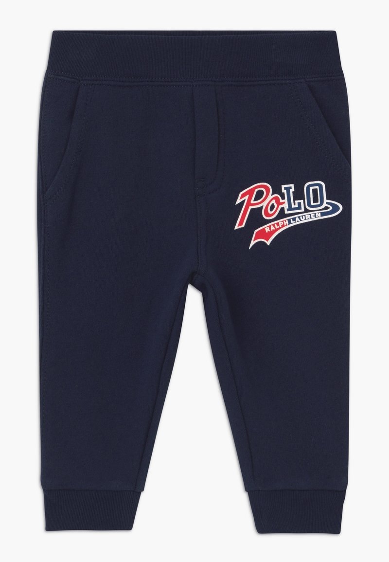 Namnazované modré bavlněné jogger kalhoty s elastickým pasem, bočními kapsami a červenobílým logem "Polo Ralph Lauren" na levém stehně.