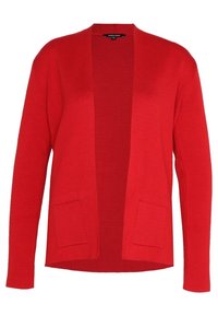 Cardigan rosso lavorato a maglia con apertura frontale, maniche lunghe e due tasche anteriori. Tessuto morbido, vestibilità rilassata e senza chiusure.