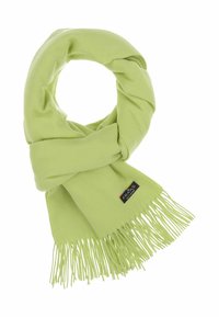 Écharpe verte en matériau doux, avec un design torsadé et des bords frangés, portant une petite étiquette de marque attachée.