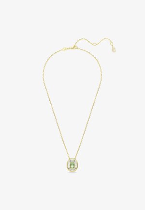 Collana in oro con una pietra ovale verde al centro, circondata da accenti trasparenti; collegamenti delicati, design minimalista.