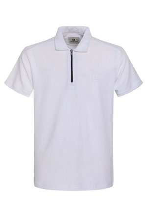 Baltas trumpo rankovio polo marškinėliai su tekstūruotu paviršiumi, ketvirčio užtrauktukas ant apykaklės ir mažas logotipas ant krūtinės. Sklandžiai audinys su laisvu pritaikymu.