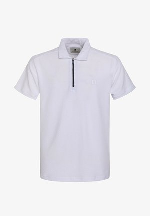 Valge lühikeste varrukatega polo särk tekstureeritud viimistlusega, neljandiku lukuga krae ja väike logo rinnal. Sile kangas ja mugav lõige.