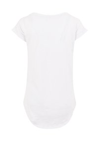 White, short-sleeve T-shirt with a rounded neckline and curved hem. Made from soft, lightweight fabric with a smooth texture.