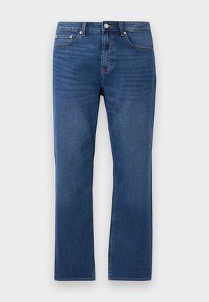 Jean denim bleu à jambes droites avec poches avant, passants de ceinture et une fermeture à bouton sur un fond gris clair.