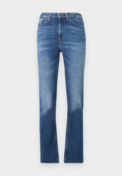 Μπλε τζιν παντελόνια με ίσια γραμμή, κλείσιμο με κουμπί και φερμουάρ, εμπρόσθιες τσέπες και διακριτική ξεθώριαση στους μηρούς και στα γόνατα.