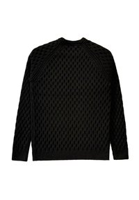 Czarny sweter dzianinowy z teksturowanym wzorem z wypukłymi okręgami, ściśle wykończonymi mankietami i okrągłym dekoltem. Widok z tyłu z rękawami typu raglan.