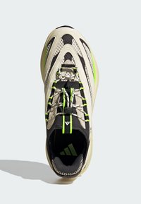 Lekki but sportowy z beżową i czarną siateczkową cholewką, zielonymi akcentami oraz fakturowanymi nakładkami. Solidne sznurowanie i wyściełany kołnierz.