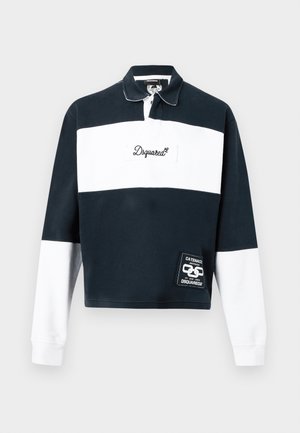Long-sleeve rugby shirt in black and white stripes with collar, buttons, "Dsquared2" logo on chest, and patch on lower front.