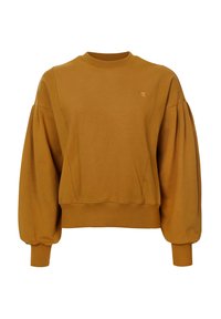 Mosterdgele sweatshirt met een ontspannen pasvorm, geribde ronde hals en pofmouwen. Gemaakt van zachte stof met een subtiele logodetail.