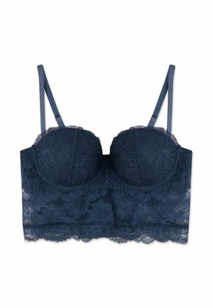 Soutien-gorge long en dentelle bleu foncé avec bretelles ajustables et bonnets moulés avec motifs floraux.