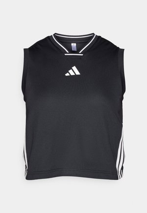 Juodas be rankovių sportinis marškinėlis su V formos iškirpte, baltomis trimis juostelėmis šonuose ir adidas logo priekyje. Tekstūruota medžiaga.